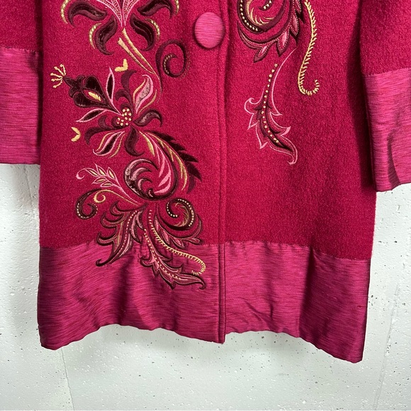 CoVelo Jackets & Coats Coveli Size Small Red Pink Wool Mid Length Boiled Wool Embroidered